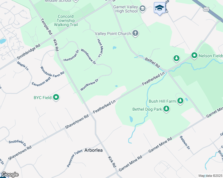 map of restaurants, bars, coffee shops, grocery stores, and more near 675 Featherbed Lane in Garnet Valley