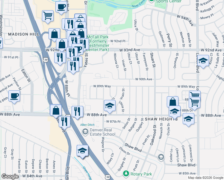 map of restaurants, bars, coffee shops, grocery stores, and more near 4580 West 89th Way in Westminster