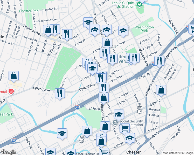 map of restaurants, bars, coffee shops, grocery stores, and more near 17 East 15th Street in Chester