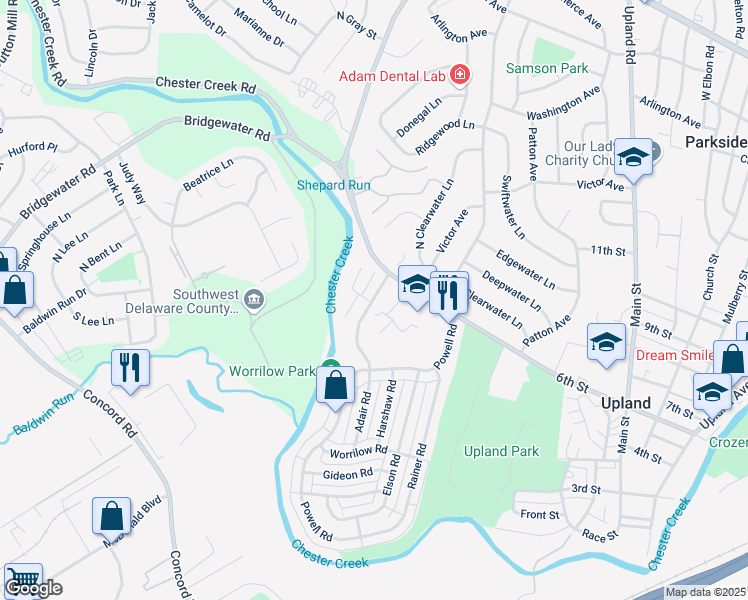 map of restaurants, bars, coffee shops, grocery stores, and more near 1100 Albert Road in Brookhaven