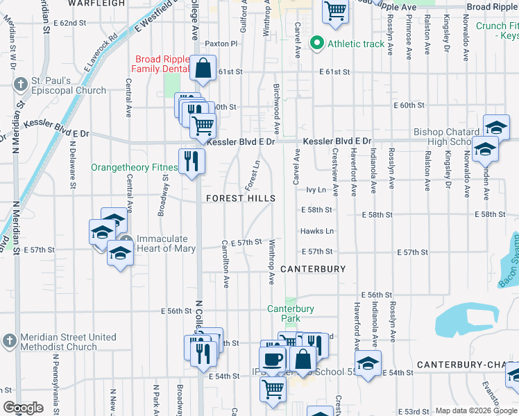 map of restaurants, bars, coffee shops, grocery stores, and more near 938 East 58th Street in Indianapolis