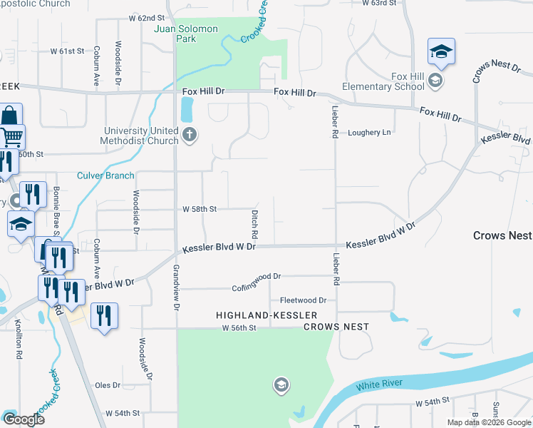 map of restaurants, bars, coffee shops, grocery stores, and more near 5835 Ditch Road in Indianapolis