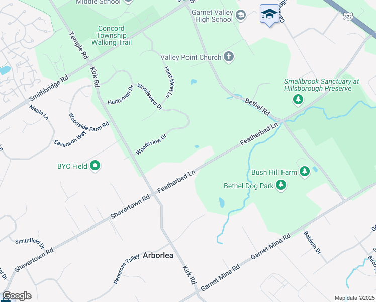 map of restaurants, bars, coffee shops, grocery stores, and more near 675 Featherbed Lane in Garnet Valley