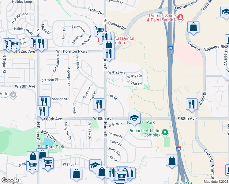 map of restaurants, bars, coffee shops, grocery stores, and more near 8964 Fox Drive in Thornton