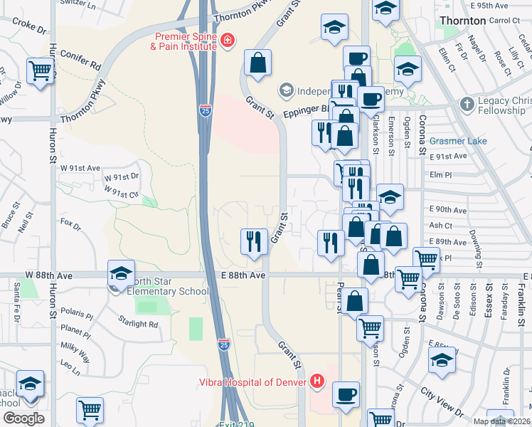 map of restaurants, bars, coffee shops, grocery stores, and more near 8900 Grant Street in Thornton