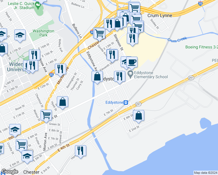map of restaurants, bars, coffee shops, grocery stores, and more near 1210 East 9th Street in Eddystone