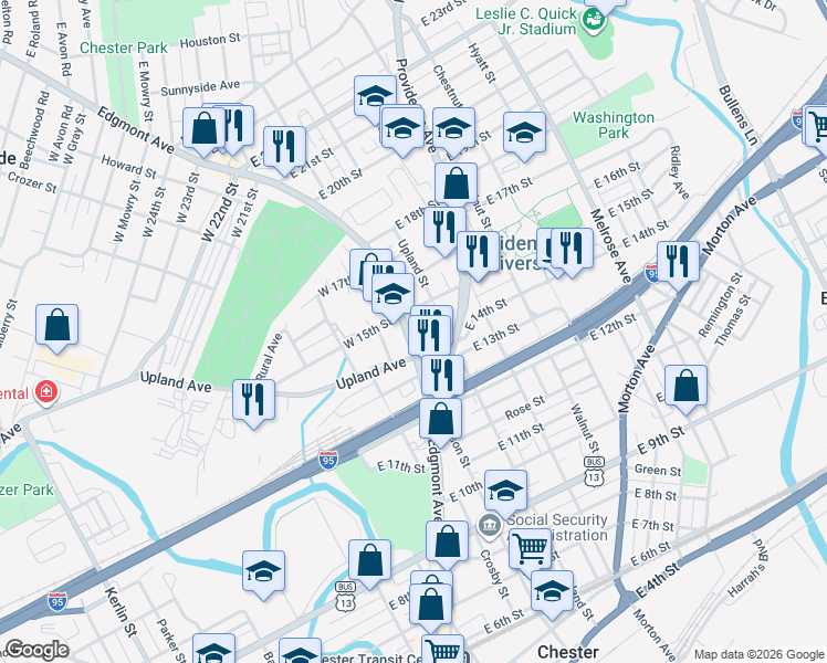 map of restaurants, bars, coffee shops, grocery stores, and more near 17 East 15th Street in Chester