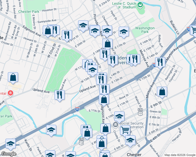 map of restaurants, bars, coffee shops, grocery stores, and more near 17 East 15th Street in Chester