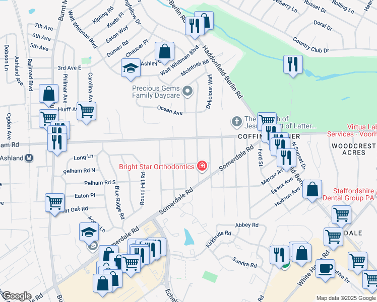 map of restaurants, bars, coffee shops, grocery stores, and more near 11 Warren Avenue in Voorhees Township