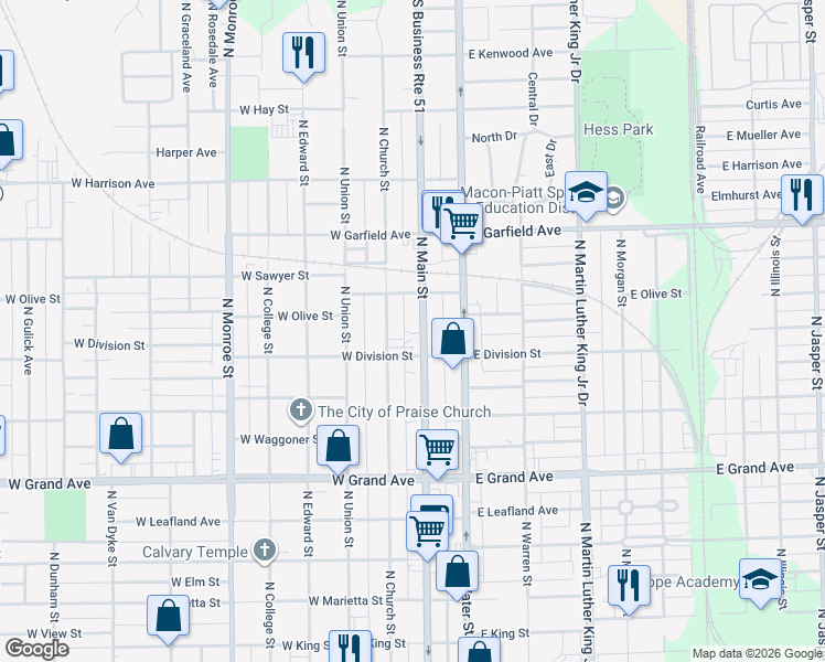 map of restaurants, bars, coffee shops, grocery stores, and more near 1718 North Main Street in Decatur
