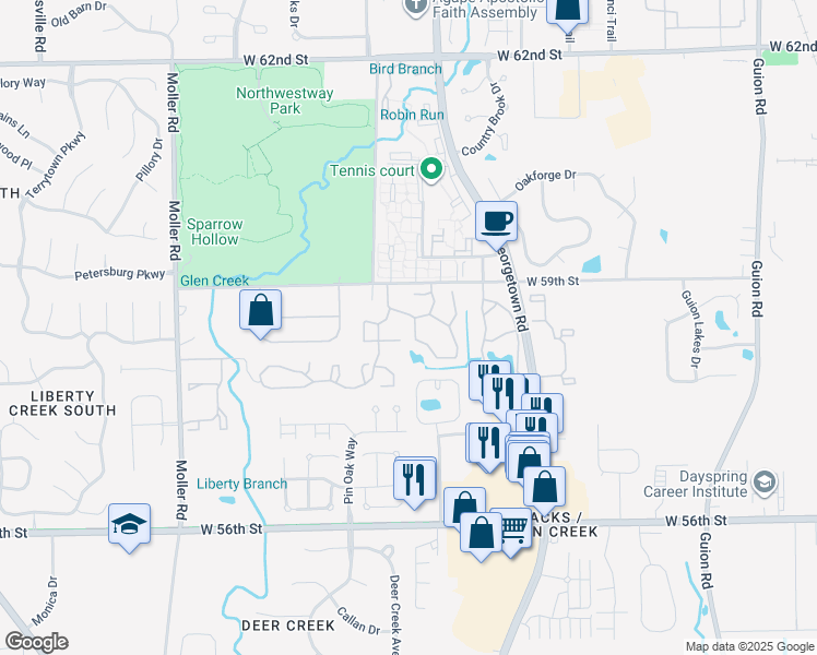 map of restaurants, bars, coffee shops, grocery stores, and more near 5840 Big Oak Drive in Indianapolis