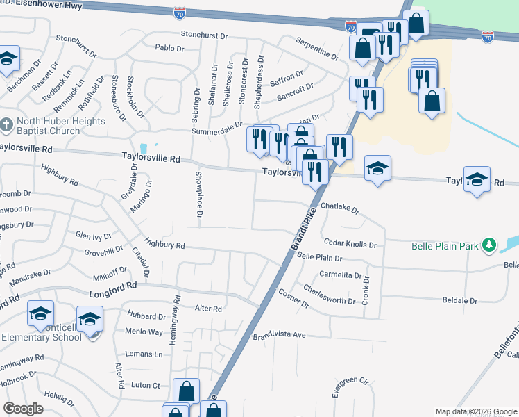 map of restaurants, bars, coffee shops, grocery stores, and more near 7401 San Fernando Road in Dayton