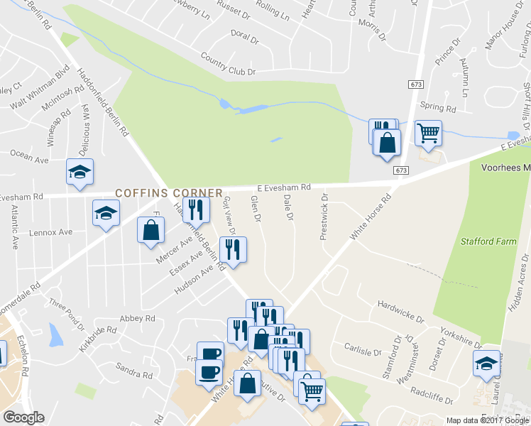 map of restaurants, bars, coffee shops, grocery stores, and more near 9 Glen Dr in Voorhees