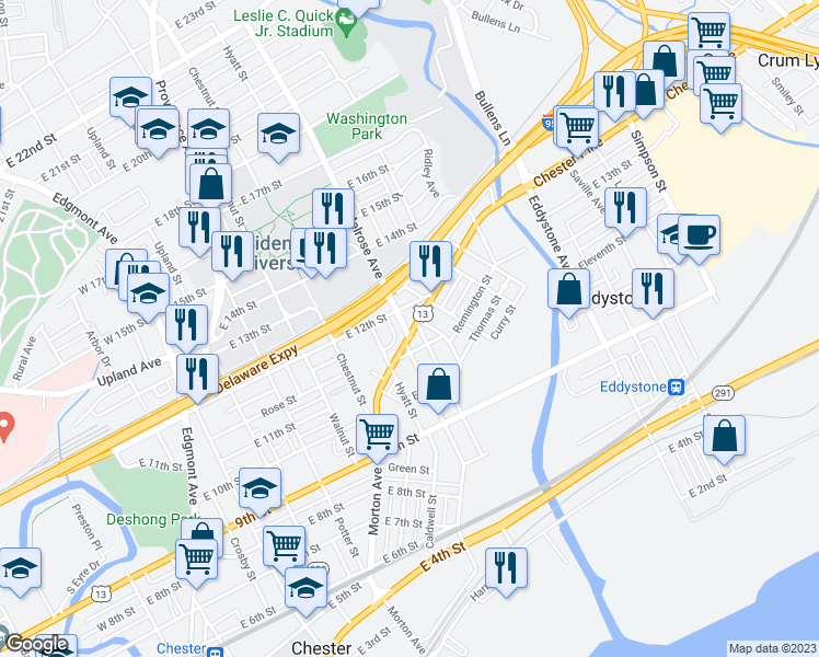map of restaurants, bars, coffee shops, grocery stores, and more near 1100 Morton Avenue in Chester