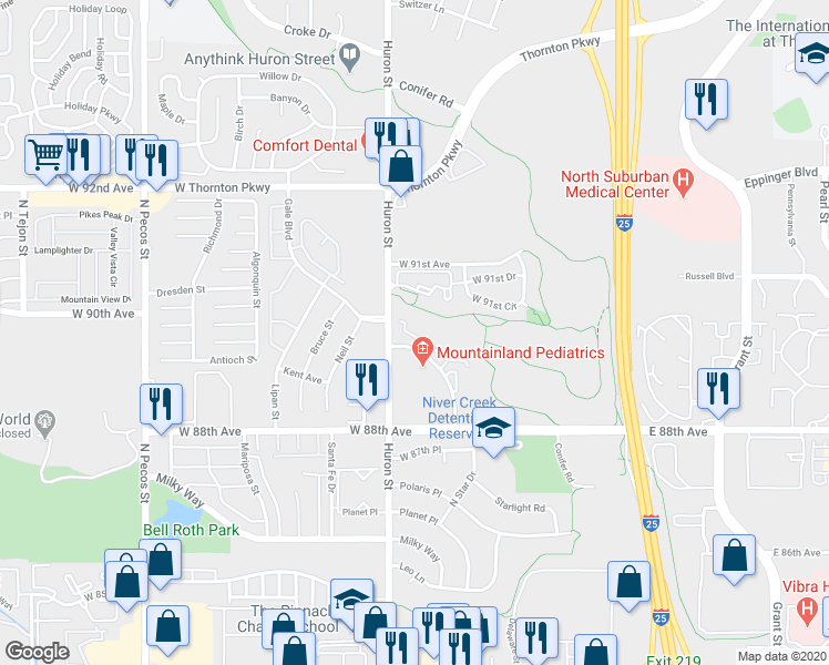map of restaurants, bars, coffee shops, grocery stores, and more near 8972 Fox Drive in Thornton