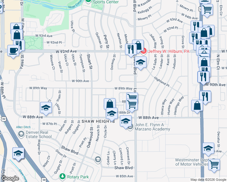 map of restaurants, bars, coffee shops, grocery stores, and more near 8973 Mccoy Place in Westminster