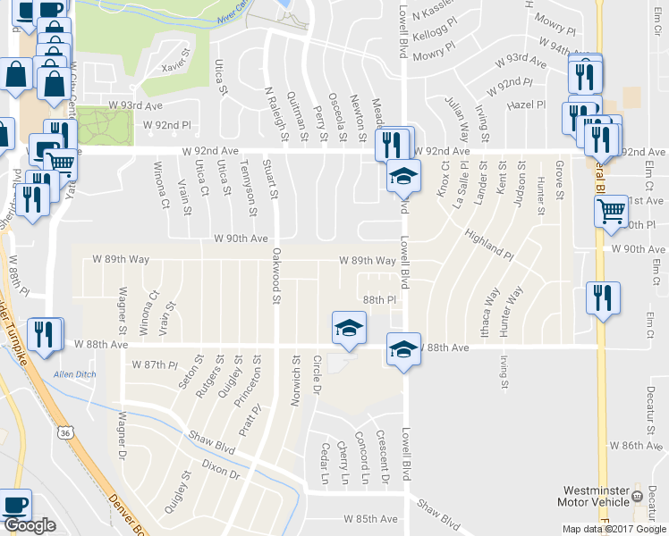 map of restaurants, bars, coffee shops, grocery stores, and more near 8973 Mccoy Place in Westminster