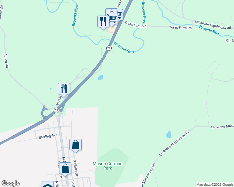 map of restaurants, bars, coffee shops, grocery stores, and more near in Masontown
