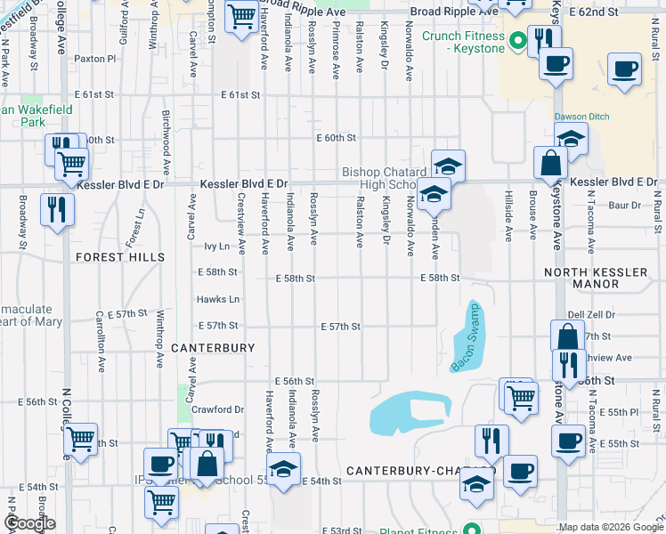 map of restaurants, bars, coffee shops, grocery stores, and more near 5816 Primrose Avenue in Indianapolis