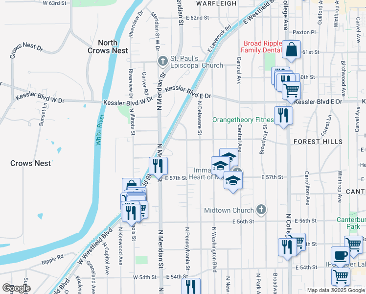 map of restaurants, bars, coffee shops, grocery stores, and more near 5794 North Pennsylvania Street in Indianapolis