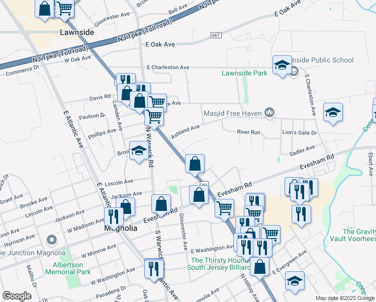 map of restaurants, bars, coffee shops, grocery stores, and more near 500 Bryant Avenue in Magnolia