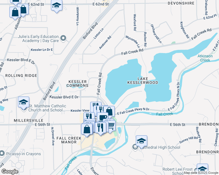 map of restaurants, bars, coffee shops, grocery stores, and more near 5653 Kessler Boulevard East Drive in Indianapolis