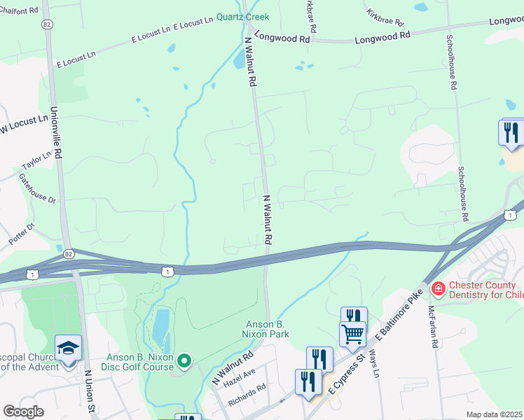 map of restaurants, bars, coffee shops, grocery stores, and more near 203 Gale Lane in Kennett Square