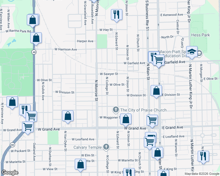 map of restaurants, bars, coffee shops, grocery stores, and more near 1670 North College Street in Decatur