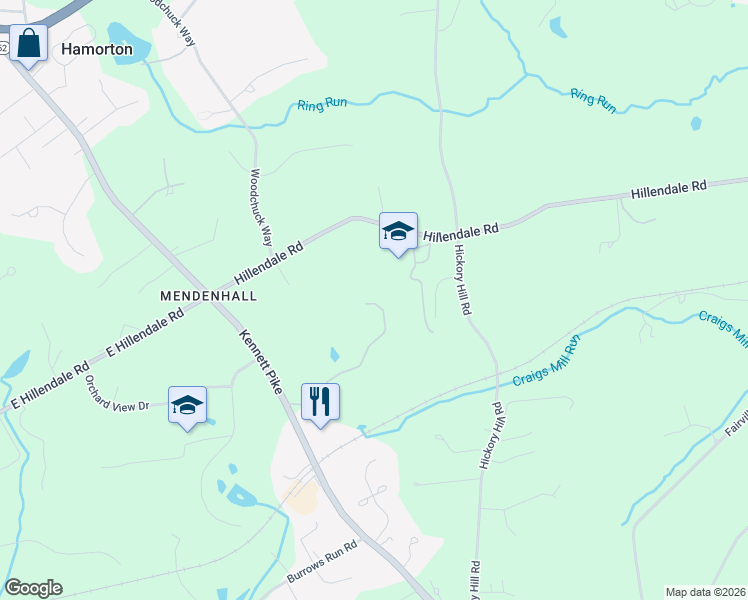 map of restaurants, bars, coffee shops, grocery stores, and more near 104 Timber Ridge Lane in Chadds Ford