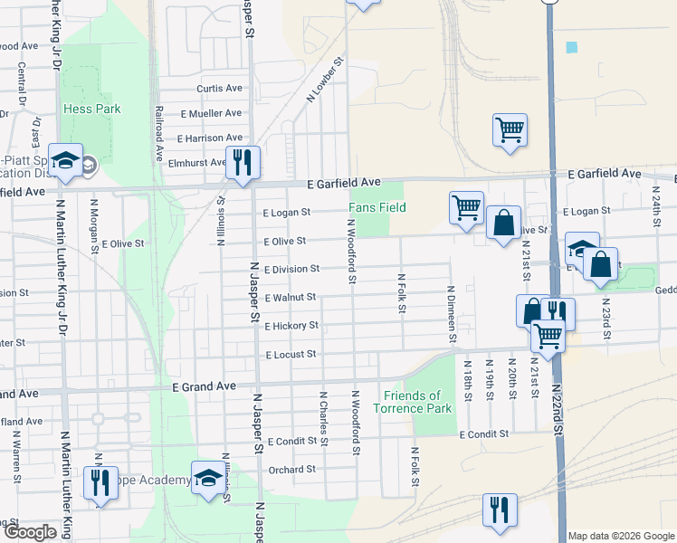 map of restaurants, bars, coffee shops, grocery stores, and more near 1450-1498 East Division Street in Decatur
