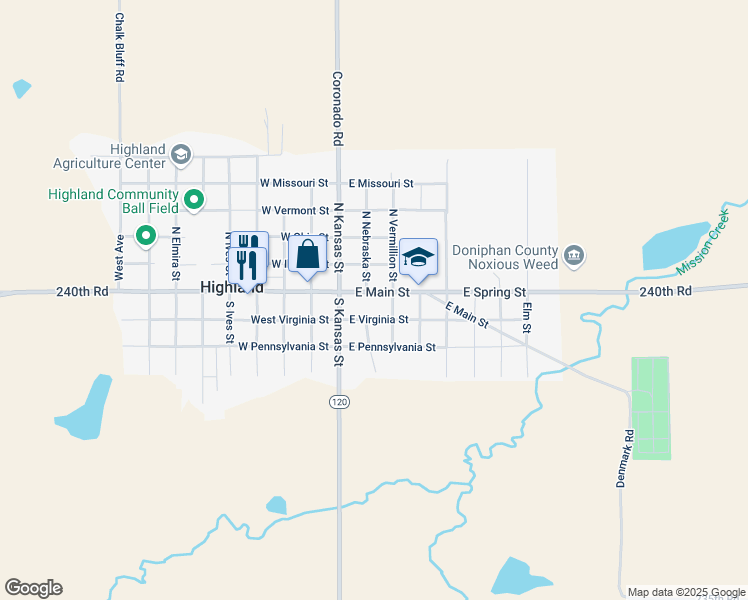map of restaurants, bars, coffee shops, grocery stores, and more near 201 East Main Street in Highland