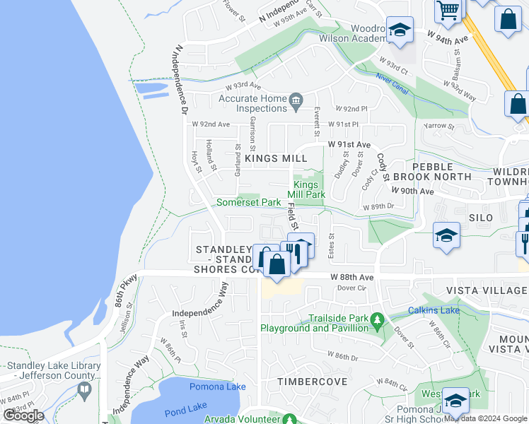 map of restaurants, bars, coffee shops, grocery stores, and more near 8999 Field Street in Westminster
