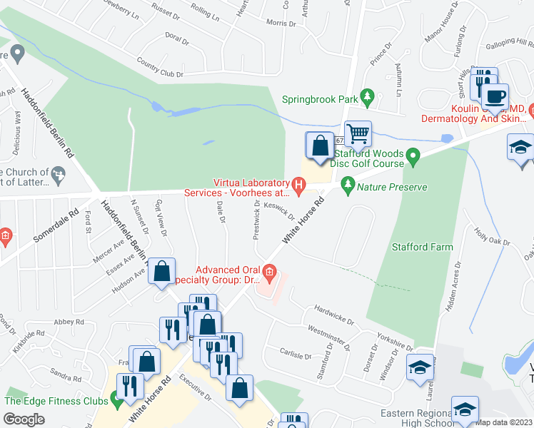 map of restaurants, bars, coffee shops, grocery stores, and more near 2 Keswick Drive in Voorhees Township