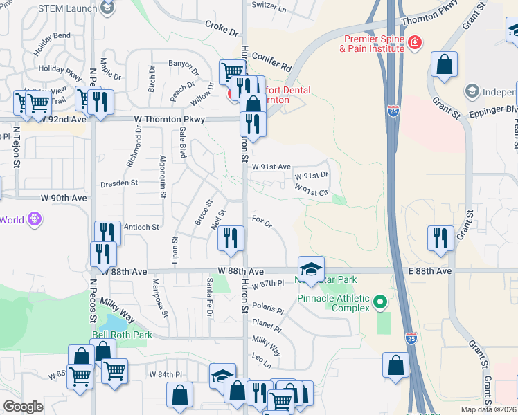 map of restaurants, bars, coffee shops, grocery stores, and more near 8972 Fox Drive in Thornton