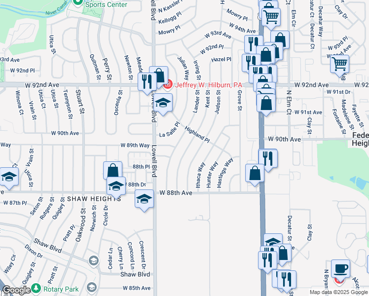 map of restaurants, bars, coffee shops, grocery stores, and more near 8973 Kent Street in Westminster