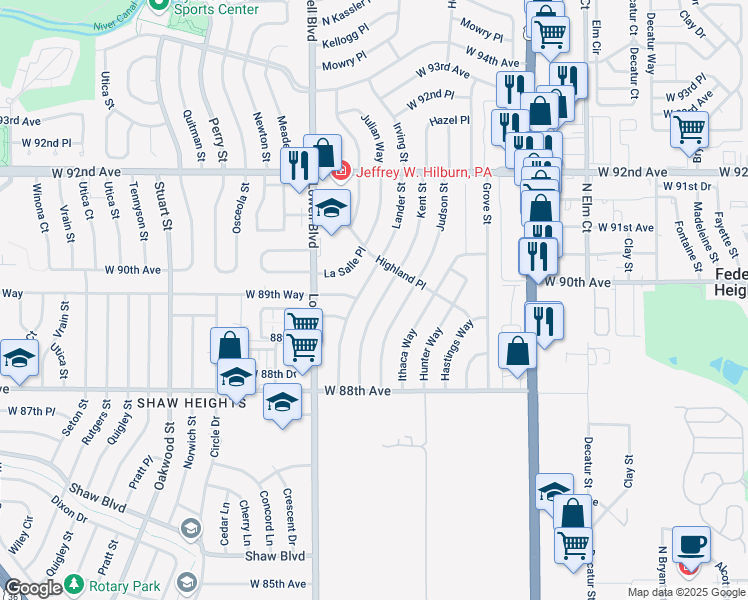 map of restaurants, bars, coffee shops, grocery stores, and more near 8973 Kent Street in Westminster