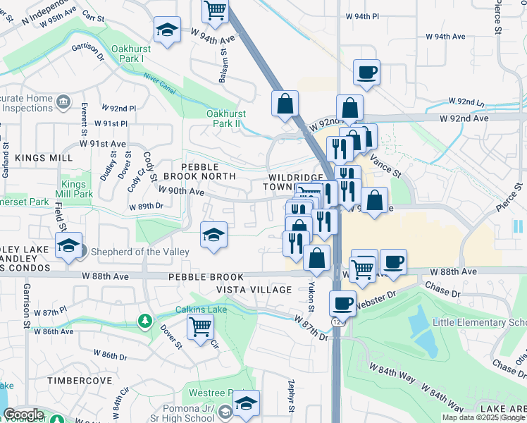 map of restaurants, bars, coffee shops, grocery stores, and more near 7806 West 90th Avenue in Broomfield