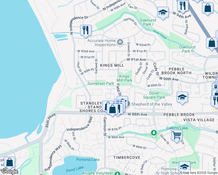 map of restaurants, bars, coffee shops, grocery stores, and more near 8999 Field Street in Westminster