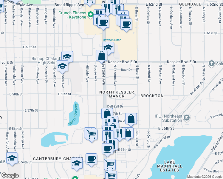 map of restaurants, bars, coffee shops, grocery stores, and more near 2421 Ryan Drive in Indianapolis