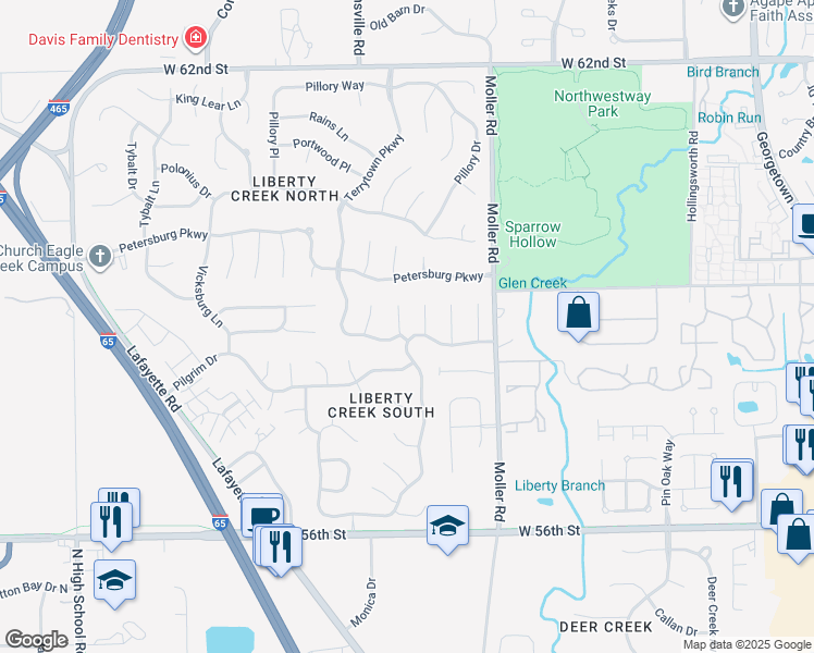 map of restaurants, bars, coffee shops, grocery stores, and more near 5836 Annapolis Drive in Indianapolis