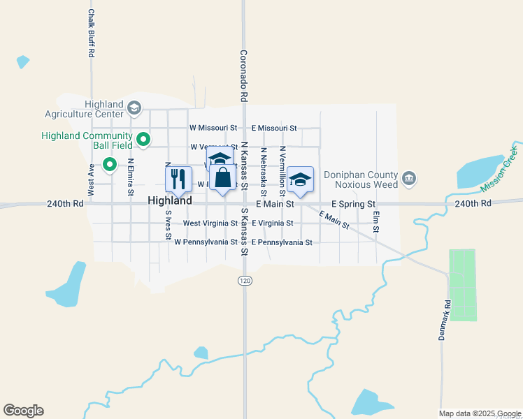 map of restaurants, bars, coffee shops, grocery stores, and more near 201 East Main Street in Highland