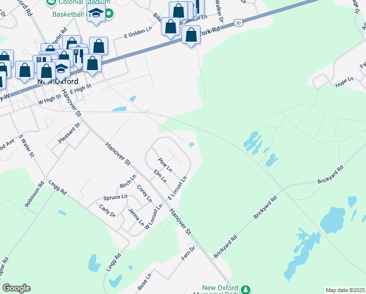 map of restaurants, bars, coffee shops, grocery stores, and more near 41 East Locust Lane in New Oxford