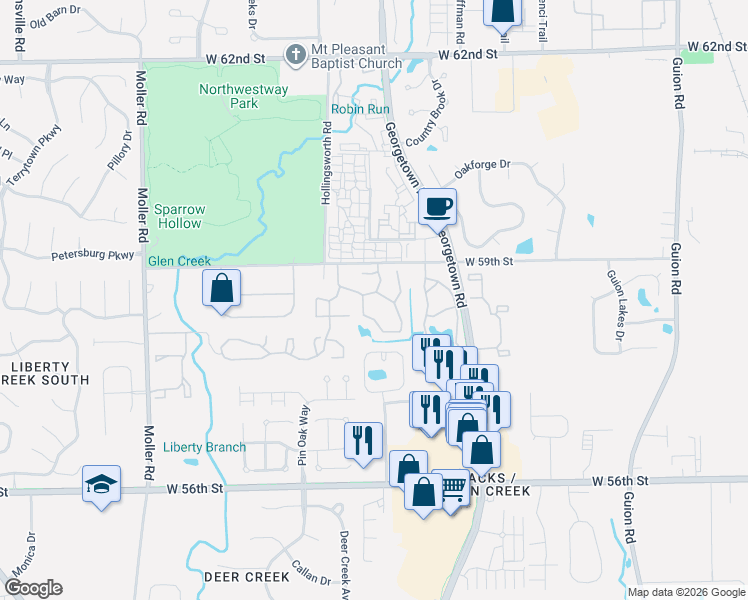 map of restaurants, bars, coffee shops, grocery stores, and more near 4949 Bobwhite Lane in Indianapolis