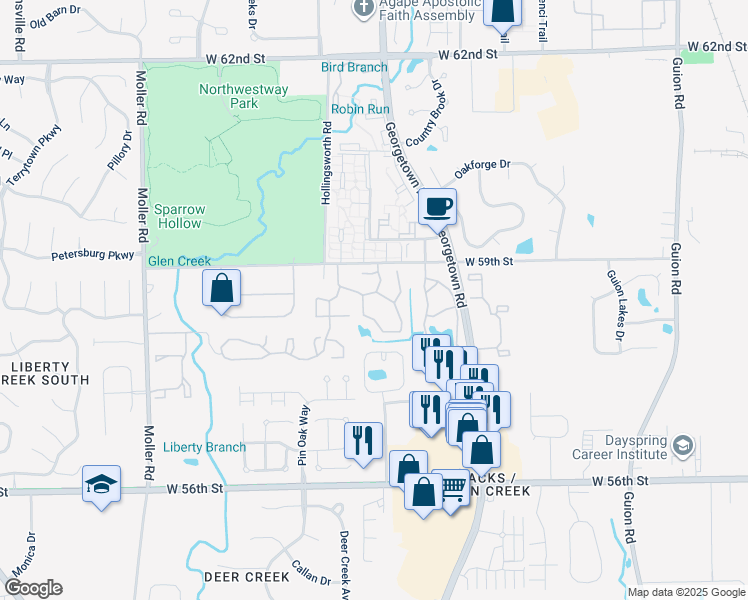 map of restaurants, bars, coffee shops, grocery stores, and more near 4949 Bobwhite Lane in Indianapolis
