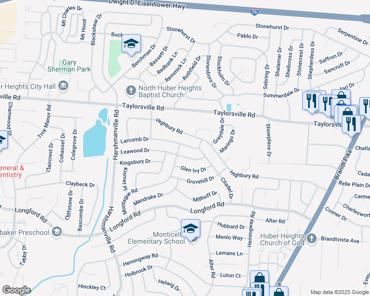 map of restaurants, bars, coffee shops, grocery stores, and more near 6524 Larcomb Drive in Dayton