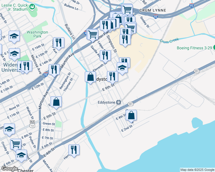 map of restaurants, bars, coffee shops, grocery stores, and more near 1300 9th Street in Crum Lynne