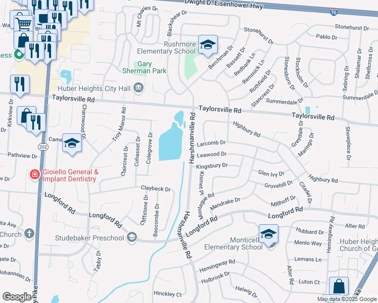 map of restaurants, bars, coffee shops, grocery stores, and more near 7311 Harshmanville Road in Huber Heights