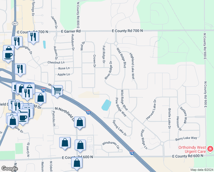 map of restaurants, bars, coffee shops, grocery stores, and more near 1172 River Ridge Drive in Brownsburg