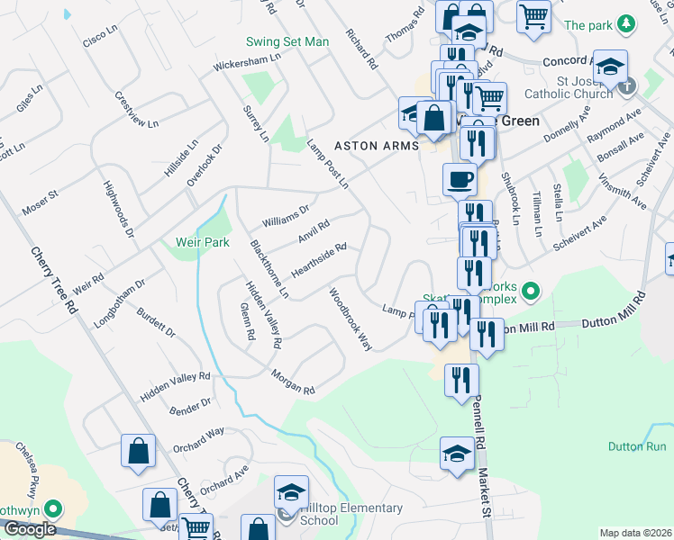 map of restaurants, bars, coffee shops, grocery stores, and more near 9 Blackthorne Lane in Aston