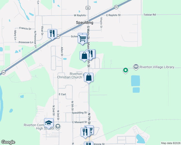 map of restaurants, bars, coffee shops, grocery stores, and more near 1300 North 7th Street in Riverton